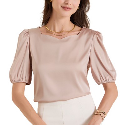 INSPIRE CHIC Women's Work Elegant Sweetheart Neck Half Puff Sleeve Office Work Satin Blouse