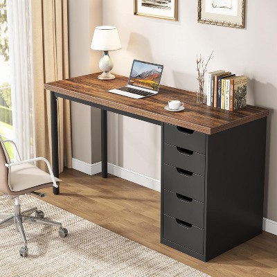 Lirago 47" Modern Computer Desk with 5 Drawers Sturdy Study Writing Table Office Desk for Home Workspace Brown