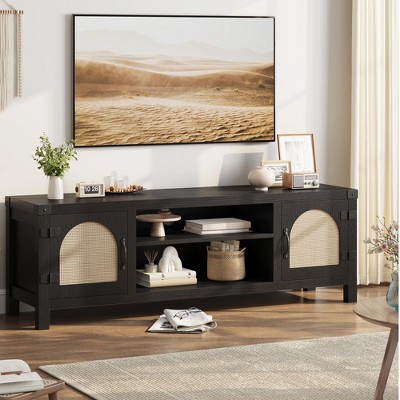 Boho TV Stand, 59" Farmhouse Entertainment Center with Rattan Door and Adjustable Storage Shelves, Media TV Console for TVs Up to 65 Inch