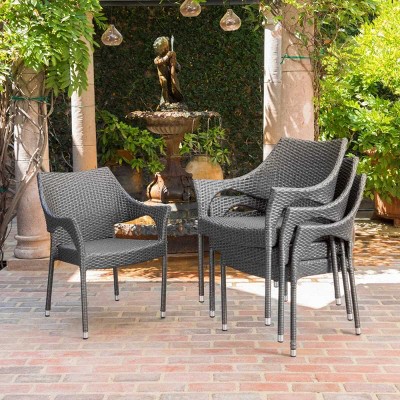Stackable Wicker Patio Arm Chairs with Iron Frame, PE Rattan Weather Resistant Outdoor Armchairs for Garden Balcony-Coolbibila