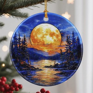 Christmas Ornaments, 2.9 Inch Ceramic Hanging Ornament, Christmas Tree Ornaments, Xmas Decorations - Full Moon Over Forest Lake - 1 of 4