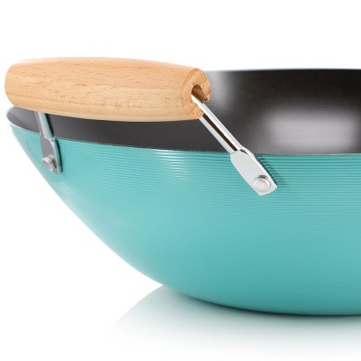 Teal 14 Inch Nonstick Carbon Steel Wok with Wooden Handle