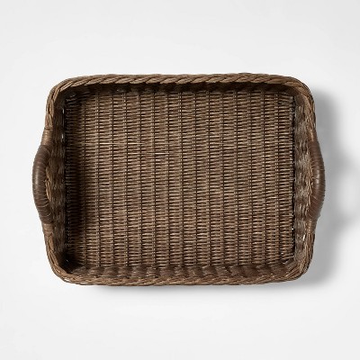 Dark Brown Rectangular Rattan Tray with Leather Handles