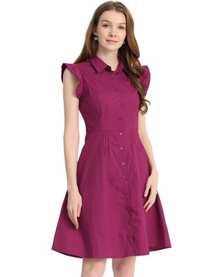 Allegra K Women's Cotton Ruffled Cap Sleeve Tie Waist Button Casual Office Shirt Dress