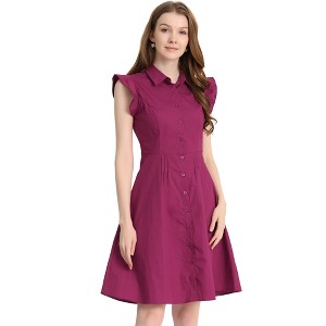 Allegra K Women's Cotton Ruffled Cap Sleeve Tie Waist Button Casual Office Shirt Dress - 1 of 4