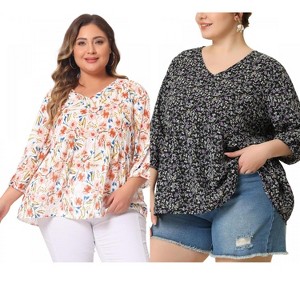 Women's Plus Size 2 Pieces V Neck Babydoll 3/4 Sleeve Pleat Floral Flowy Blouses - Agnes Orinda - 1 of 4