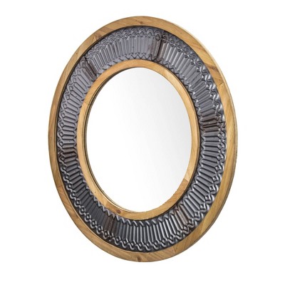 31" Round Rustic Wood/Metal Framed Decorative Wall Mirror - Crystal Art Gallery