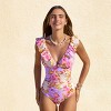Women's Floral Ruffled Lace Up One Piece Swimsuit -Cupshe - 2 of 4