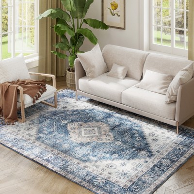 HOMCOM 5x7 Area Rug, Vintage Machine Washable Rug, Non-Slip Floor Carpet for Living Room, Bedroom, Dining Room, Home Office, Blue