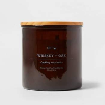 3-Wick Amber Glass Whiskey + Oak Lidded Wooden Wick Jar Candle 21oz - Threshold™
