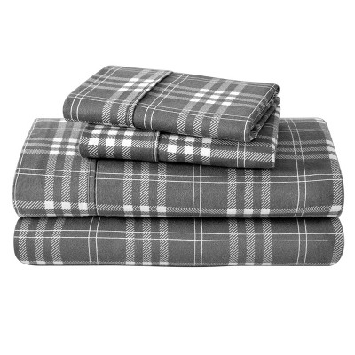 Image of Stirling Plaid - Grey/White Cotton Flannel King Sheet Set by Bare Home
