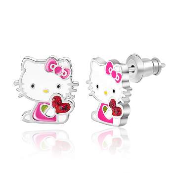 Sanrio Hello Kitty Brass Silver Plated Crystal Enamel Hello Kitty Heart Stud Earrings, Officially Licensed Authentic
