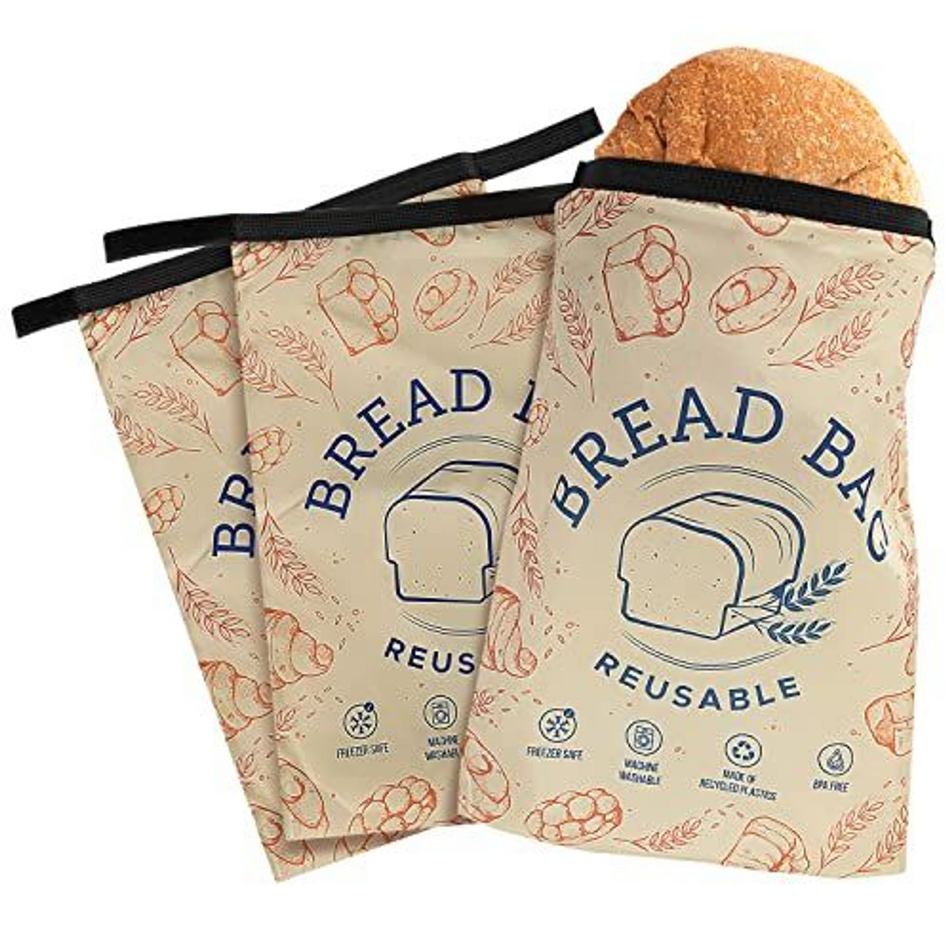 Impresa [3 Pack] Reusable Bread Bags - Double Seal - Dishwasher & Washing Machine Safe