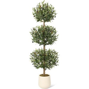 5FT Artificial Olive Tree Potted - 3-Tier Spherical Faux Tree with Realistic Green Leaves & Fruits, Indoor/Outdoor - 1 of 4
