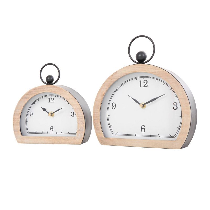 Set of 2 Wooden Semi-Circle Clocks with Brown Wooden Frame and Ring Handle - Olivia & May, 1 of 9