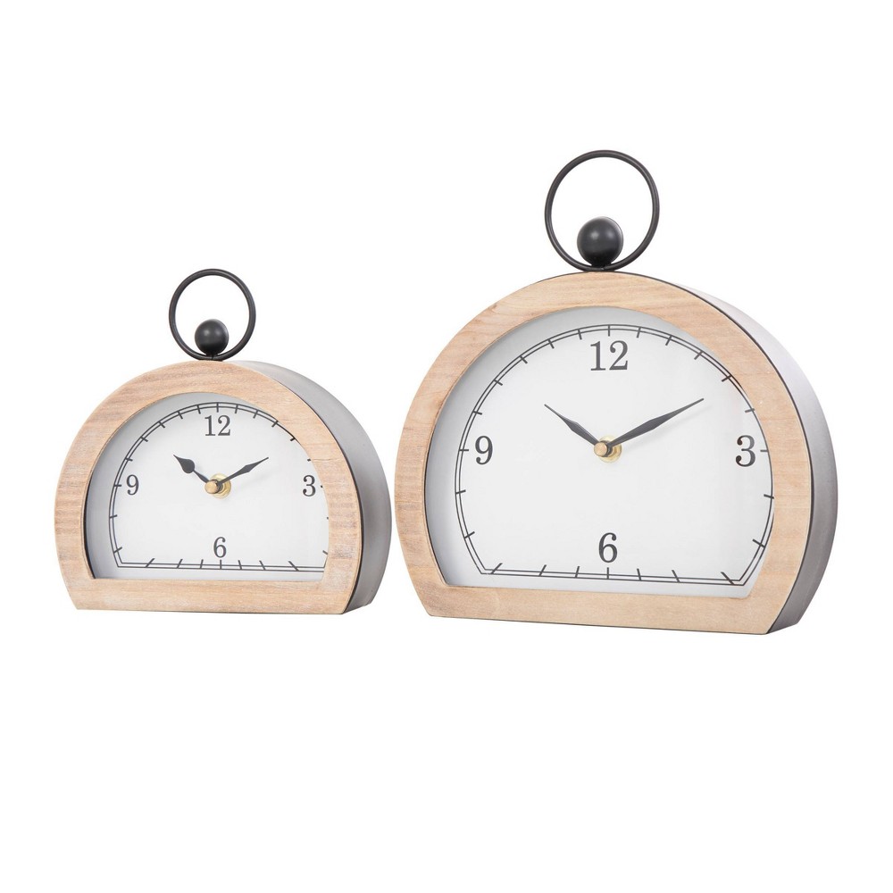 Photos - Wall Clock Set of 2 Wooden Semi-Circle Clocks with Brown Wooden Frame and Ring Handle