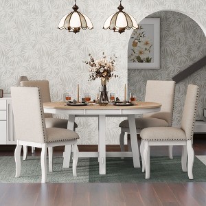 CAVINAS Round Dining Table Set for 4 Farmhouse Wood Round Extendable Dining Table and 4 Upholstered Chairs for Dining Room - 1 of 4