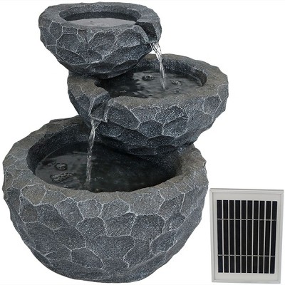 Sunnydaze Outdoor 3-Tier Chiseled Basin Solar Powered Water Fountain with Battery Backup and Submersible Pump - 22"