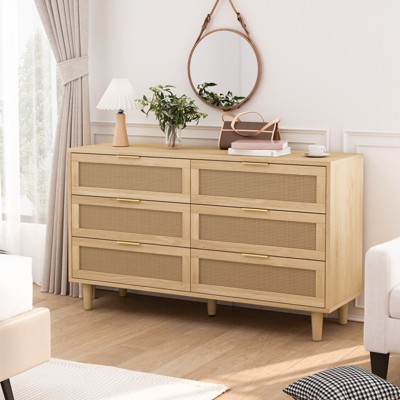 Rattan 6 Drawer Dresser for Bedroom, Dresser Chest of Drawers, Beside Table for Closet, Storage Organizer for Hallway Living Room Bedroom