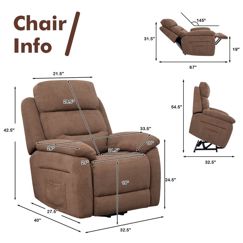 Costway Power Lift Recliner Chair Sofa for Elderly w/ Side Pocket & Remote Control Grey\Brown, 4 of 11