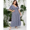 Plus Size Women's Flowy Tiered Maxi Dress - V-Neck, Short Sleeve & Waist Tie with Floral Print - 3 of 4