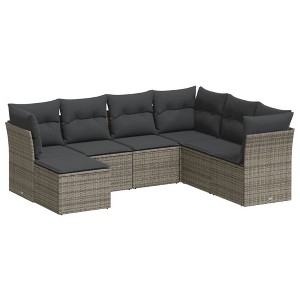 vidaXL 7 Piece Patio Sofa Set with Cushions Gray Poly Rattan - With Table - 1 of 4