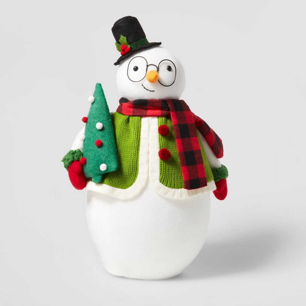 Large Plush Snowman with Buffalo Plaid Scarf and Tree Decorative Figurine - Wondershop