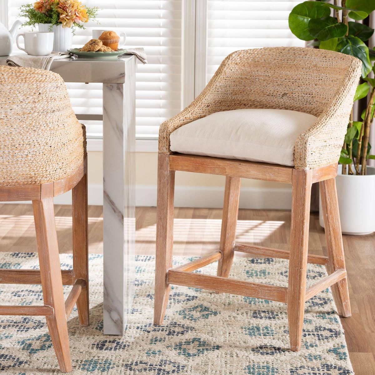 bali & pari Jasper Seagrass Counter Stool with Mahogany Wood Frame White Wash - thumbnail 3