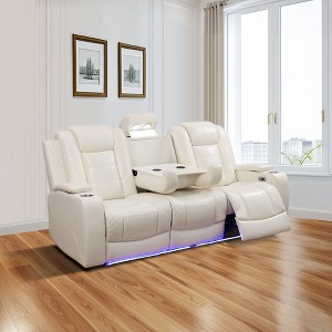 MAYEERTY Power Reclining Sofa, Electric 3-Seat Leather Recliner with USB Charging, Reversible Table & Ambient LED Lighting for Living Room, White - 1 of 4