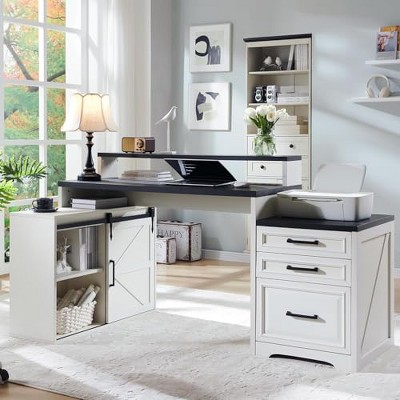 TAJSOON Home Office Desk, Modern Farmhouse Computer Desk with File Cabinet Letter T4 F4 Legal, Study Writing Desk, 67 Inch, Off White