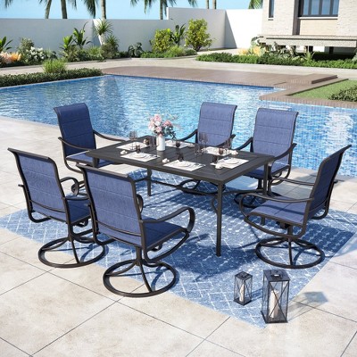 Captiva Designs 7pc Black Outdoor Dining Steel Table & Padded Textilene Swivel Chairs