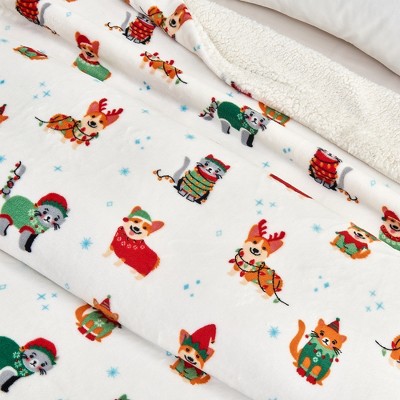 Corgi and Cat Christmas Sherpa Fleece Throw Blanket 50" x 60"