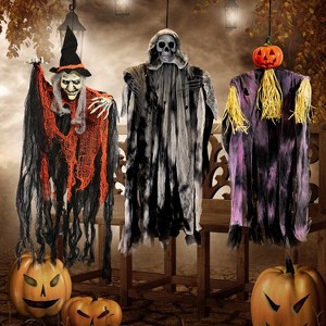 Joyfy 3 Pack 35’’ Halloween Hanging Ghosts Witch Pumpkin Outdoor Decorations, Scary Flying Witch Grim Reapers Front Porch Yard Garden Party Decor - 1 of 4