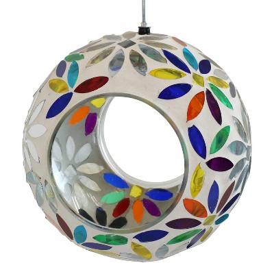 Sunnydaze Outdoor Garden Patio Round Glass with Mosaic Daisy Design Hanging Fly-Through Bird Feeder - 6" - Blue, Red, Green, Yellow, and White