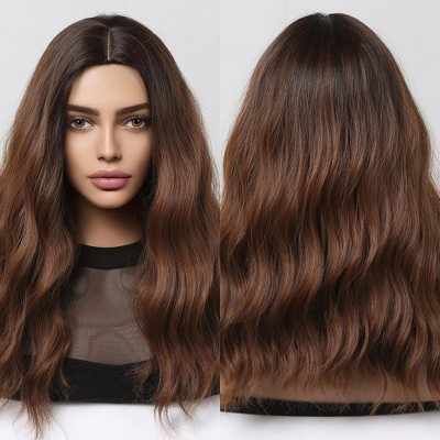 Jessie's Wig 18 Inch Beach Wave Wig Middle Part With Bangs Synthetic Hair Ombre Brown Color 1 Pc/Pack