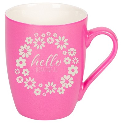 Elanze Designs Flower Wreath Hello Beautiful 10 Ounce Ceramic Laser-Etched Engraved Drinkware Mug, Metallic Princess Pink