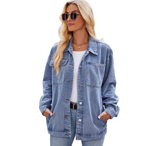 Coolmee Women's Jean Jacket Oversized Boyfriend Button Up Long Sleeve Split Denim Jackets - 1 of 4