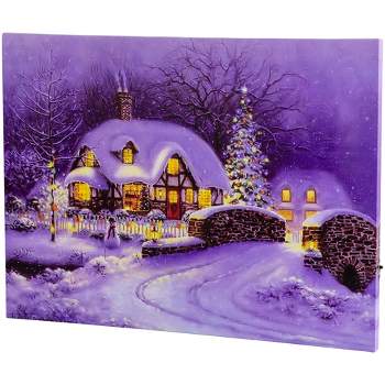 Northlight Fiber Optic and LED Lighted Snowy Christmas House Canvas Wall Art 12" x 15.75"