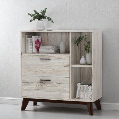 Mid Century Modern Cabinet with 2 Drawers and Cubby Shelves, Particle Board Storage Cabinet with Splayed Legs for Living Room or Entryway