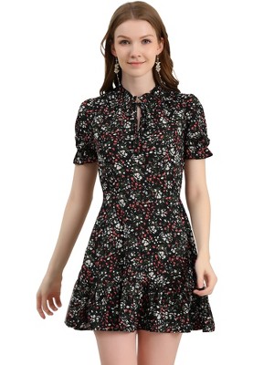 Allegra K Women's Summer Chiffon Ruffle Tie Neck Puff Short Sleeve Floral Dress
