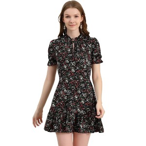 Allegra K Women's Summer Chiffon Ruffle Tie Neck Puff Short Sleeve Floral Dress - 1 of 4
