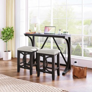 Farmhouse Counter Height Dining Table Set with 2 Upholstered Stools and USB Charging Ports, Space-Saving Bar Table for Small Spaces -3irtyhousy - 1 of 4