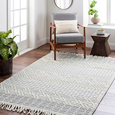 Handmade Blue and Off-White Wool Geometric Area Rug 5' x 7'