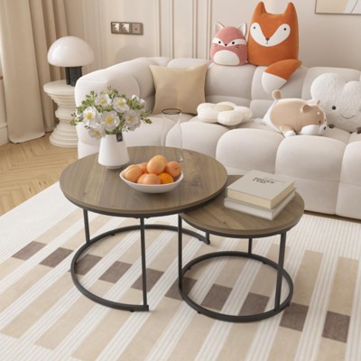 ALEXOUN Coffee Table Set of 2, 27.6 inch Round Wood Finish Side Tables with Metal Frame,Multi-Functional for Living Room & Bedroom,Small Spaces