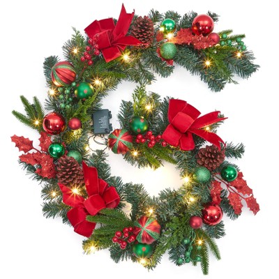 coucheta Christmas Garland/Wreath with Lights, Xmas Garlands Decoration with Battery Operated Lights with Timer, Window Indoor Holiday Decor