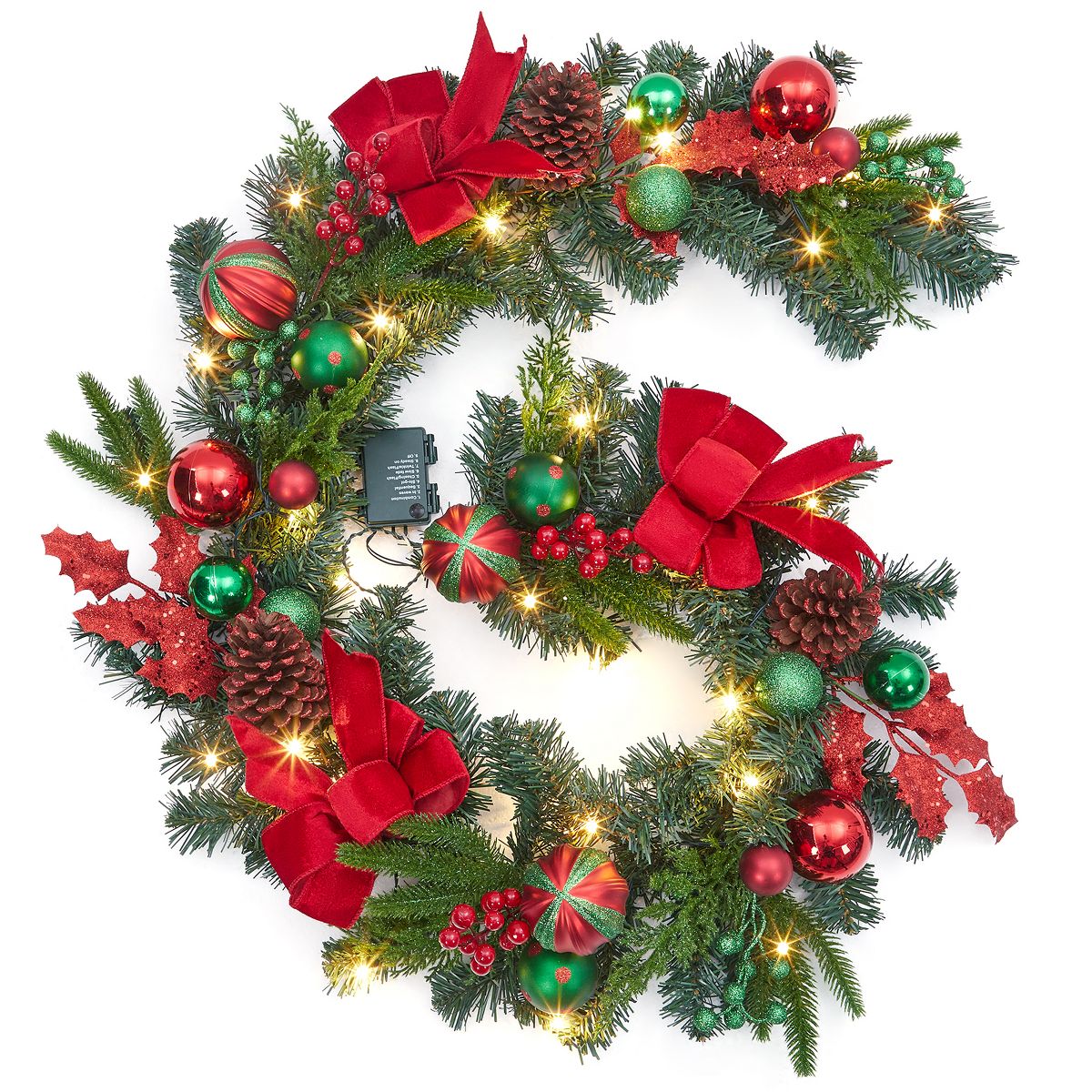 6 Ft Christmas Garland with Lights for Mantle, Battery Operated Xmas Garlands with Red Gold Balls, for Fireplace Stair Railing TV Stand - thumbnail 2