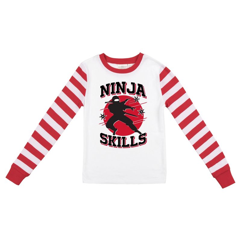 Ninja Skills Youth Boy's Red & White Striped Long Sleeve Shirt & Sleep Pants Set, 2 of 5
