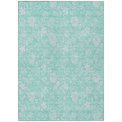 Aqua And Ivory Floral Washable Indoor Outdoor Area Rug