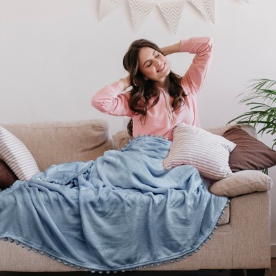 Cozy Dusty Blue Fleece Twin Throw with Pom Pom Fringe