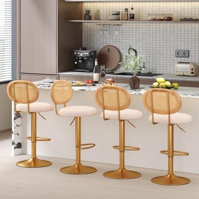 Gold and White Adjustable Swivel Bar Stools with Rattan Backrest
